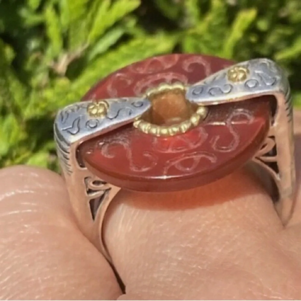 Sterling Silver Yellow Gold Vintage Ring Carved Jade Bi-Disc Estate Fine Jewelry